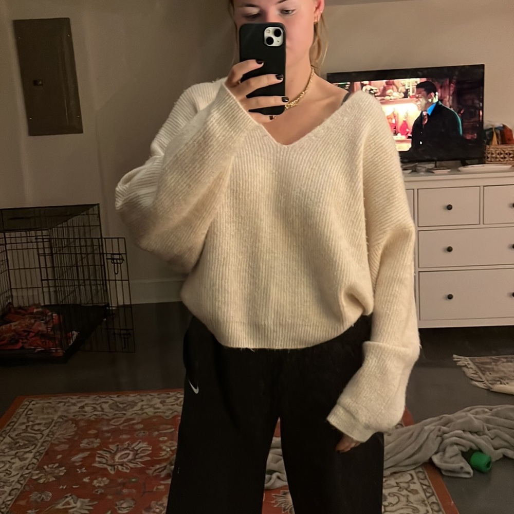 Mango oversized cream v-neck sweater